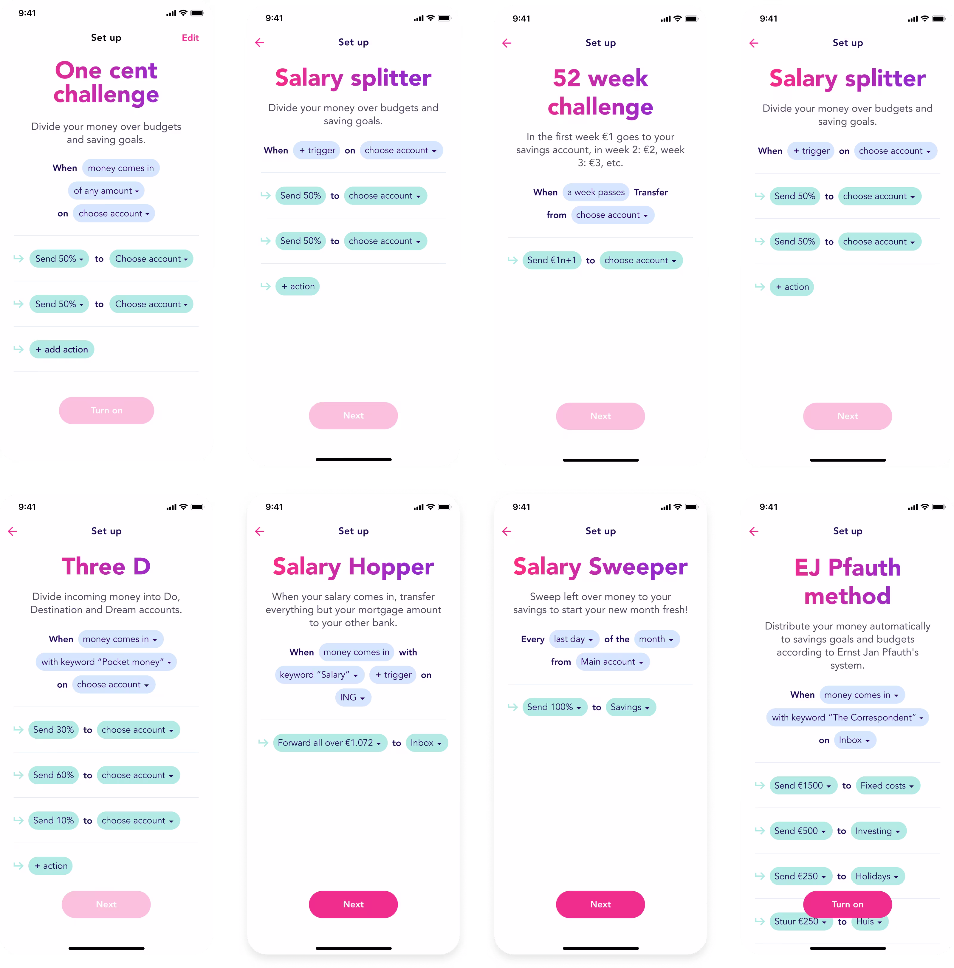 Other money methods: One cent challenge, Salary splitter, 52 week challenge, Three D, Salary Hopper, Salary Sweeper, EJ Pfauth method