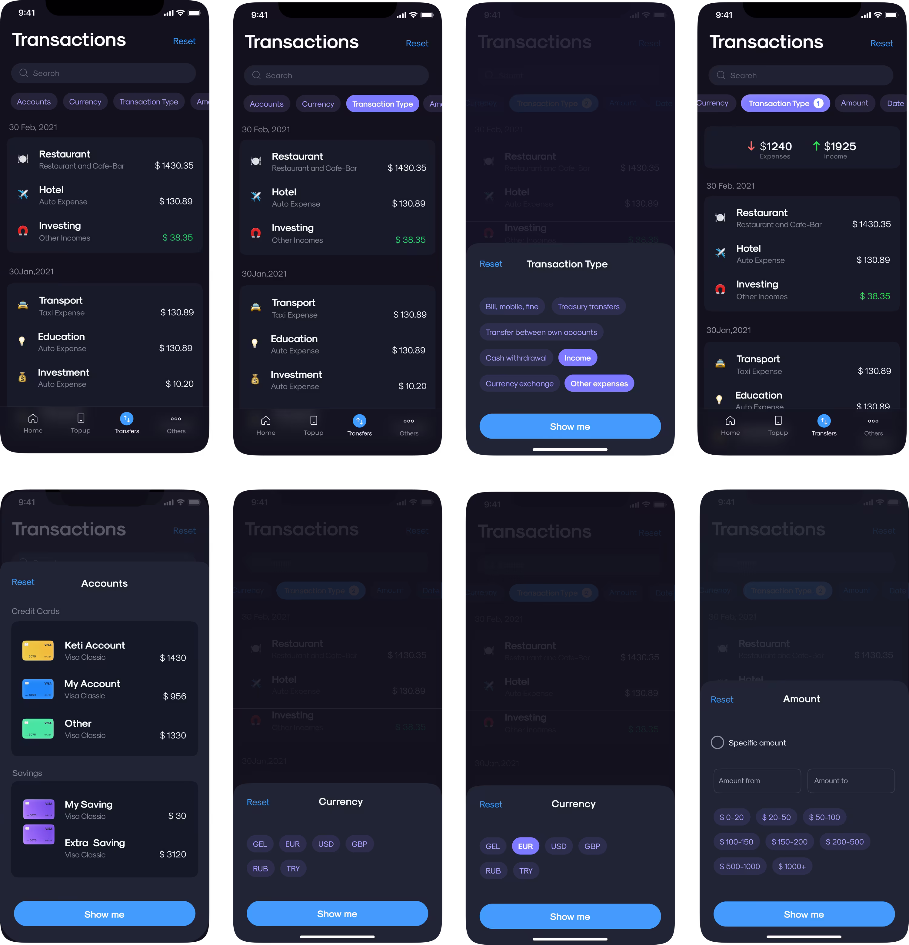 Transaction history: filters by account, type and amount