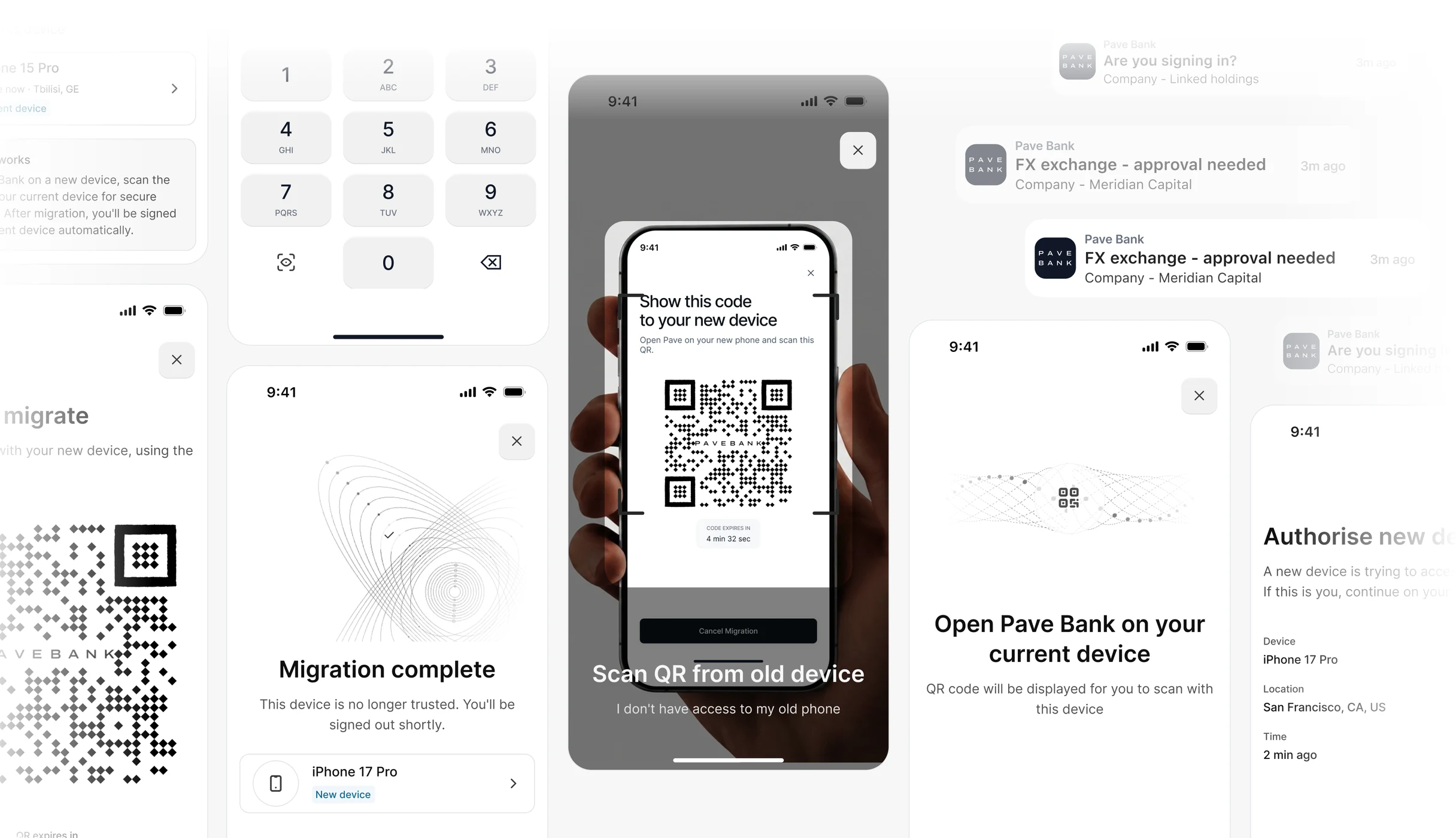 Pave Bank Mobile trusted device management and QR migration screens