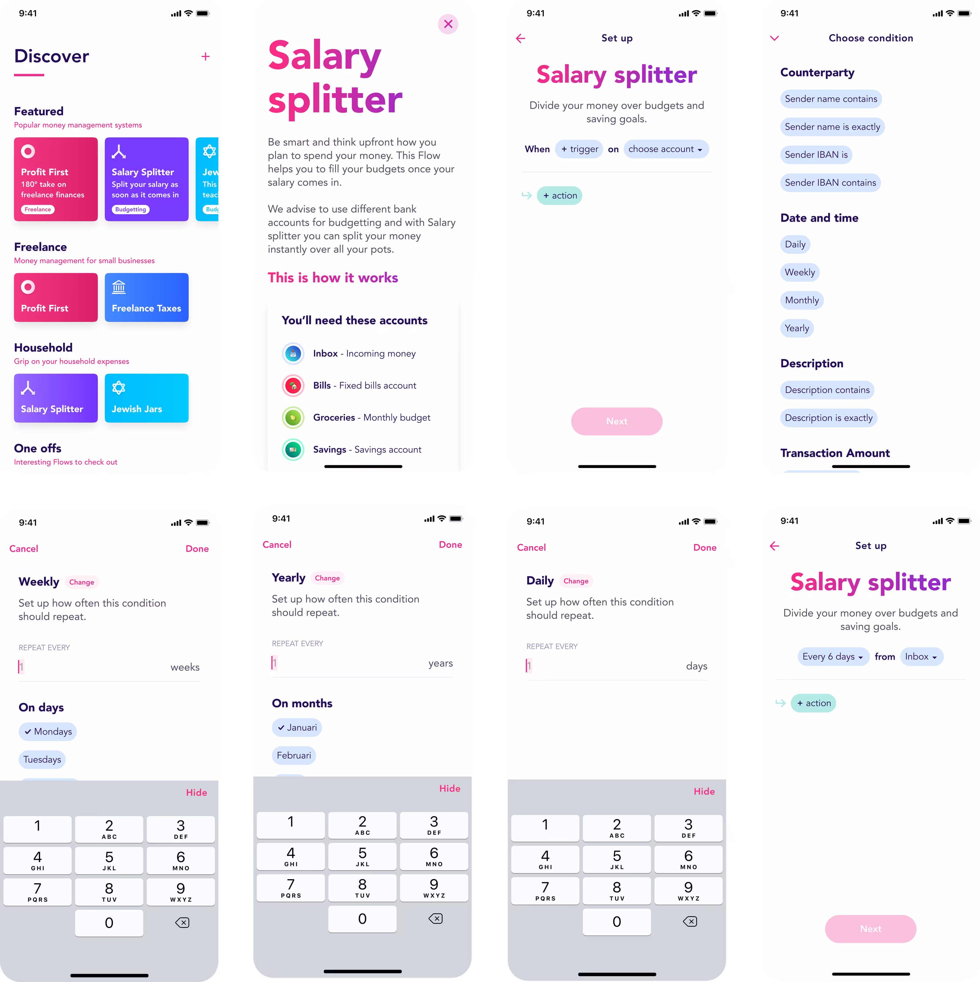 Salary splitter: discover, detail, set-up and condition screens