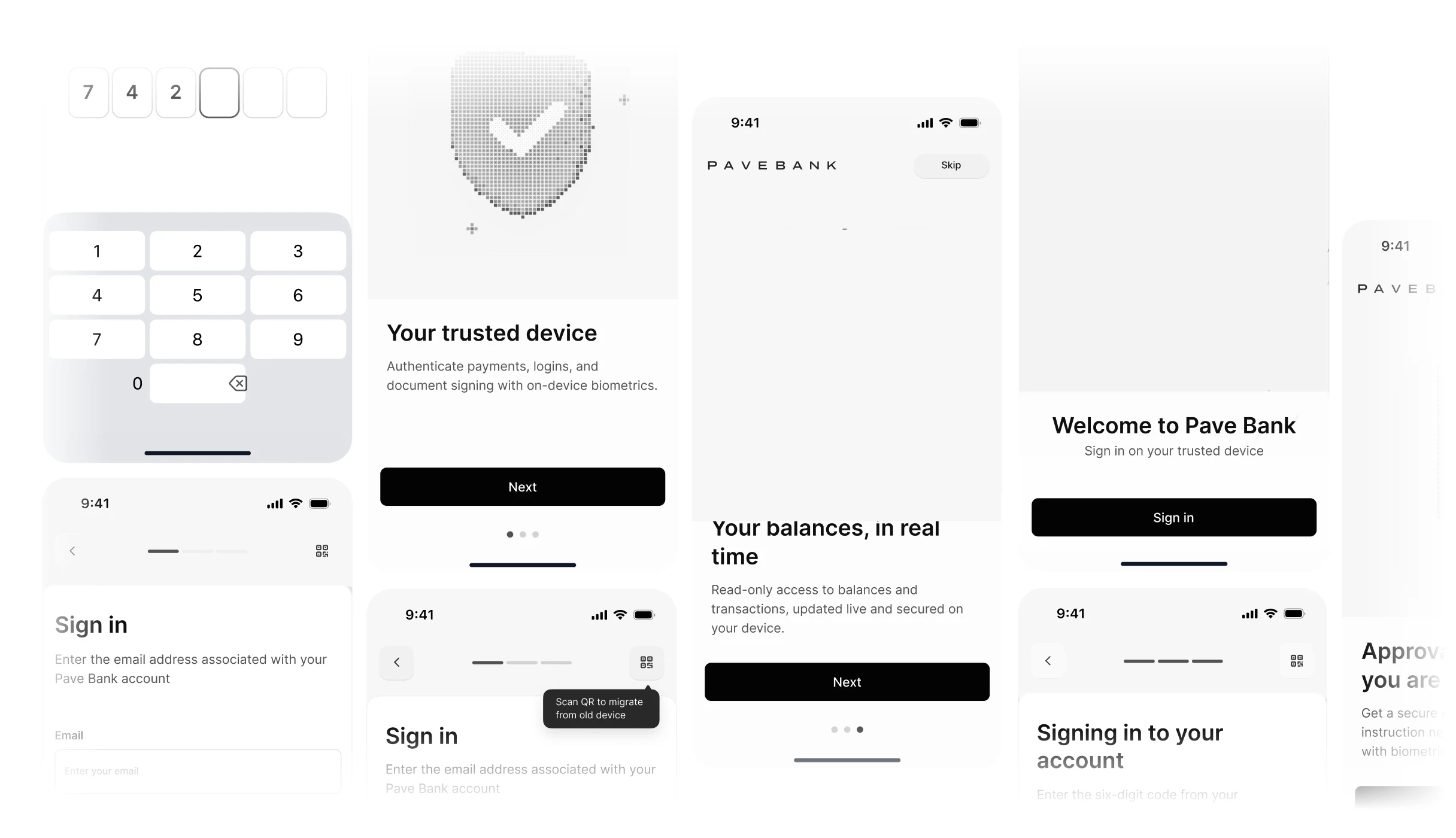 Pave Bank Mobile onboarding and sign-in screens